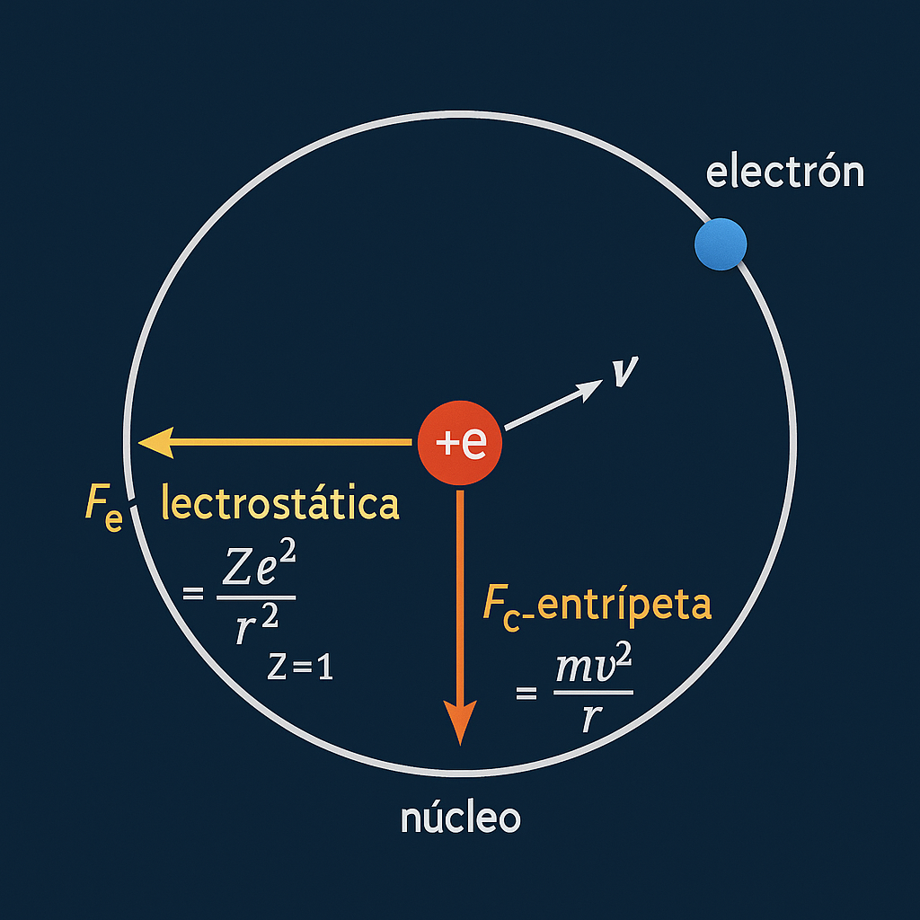 Átomo de hidrógeno: electrón en órbita, fuerza electrostática hacia el núcleo y fuerza centrípeta requerida.